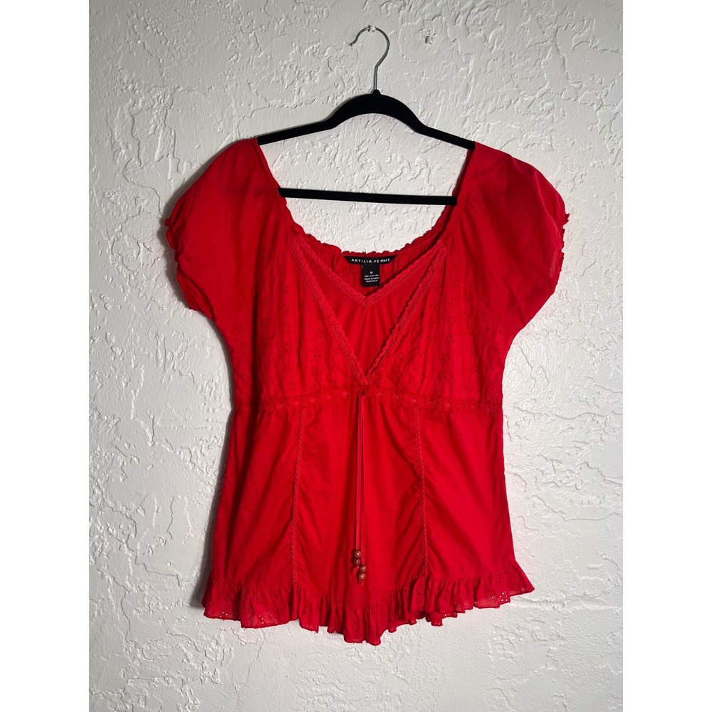Antilia Femme Red Cotton Eyelet‎ Peasant Blouse Boho Cottagecore Ruffle Hem Sz M